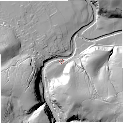 Shaded relief map of the ground around LA28QP, computed from Environment Agency LiDAR. The ground here sits at about 48 m above sea level and falls 55 m across the surrounding 800 m. Surface water reaching this point runs off ground lying to the south-west, 50.7 m higher.