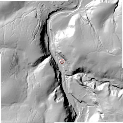 Shaded relief map of the ground around LA28QR, computed from Environment Agency LiDAR. The ground here sits at about 57 m above sea level and falls 67 m across the surrounding 800 m. Surface water reaching this point runs off ground lying to the east-north-east, 37.2 m higher.