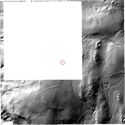 Shaded relief map of the ground around LA28QS, computed from Environment Agency LiDAR. and falls 86 m across the surrounding 800 m.