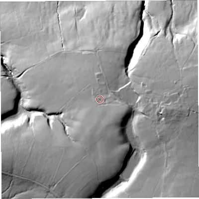 Shaded relief map of the ground around LA28QT, computed from Environment Agency LiDAR. The ground here sits at about 148 m above sea level and falls 66 m across the surrounding 800 m. Surface water reaching this point runs off ground lying to the south-east, 6.0 m higher.