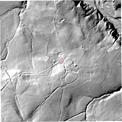 Shaded relief map of the ground around LA28QU, computed from Environment Agency LiDAR. The ground here sits at about 152 m above sea level and falls 103 m across the surrounding 800 m. Surface water reaching this point runs off ground lying to the south-south-west, 30.5 m higher.