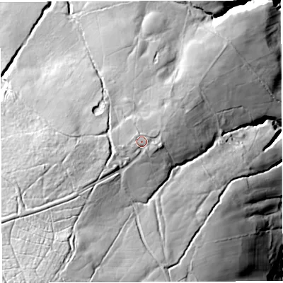 Shaded relief map of the ground around LA28QY, computed from Environment Agency LiDAR. The ground here sits at about 240 m above sea level and falls 119 m across the surrounding 800 m. Surface water reaching this point runs off ground lying to the south-west, 40.1 m higher.