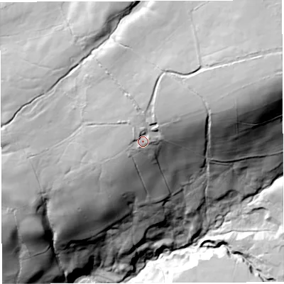 Shaded relief map of the ground around LA28RE, computed from Environment Agency LiDAR. The ground here sits at about 255 m above sea level and falls 106 m across the surrounding 800 m. Surface water reaching this point runs off ground lying to the north-east, 17.4 m higher.