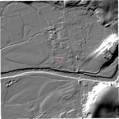 Shaded relief map of the ground around LA28RH, computed from Environment Agency LiDAR. The ground here sits at about 25 m above sea level and falls 34 m across the surrounding 800 m. Surface water reaching this point runs off ground lying to the east, 24.0 m higher.