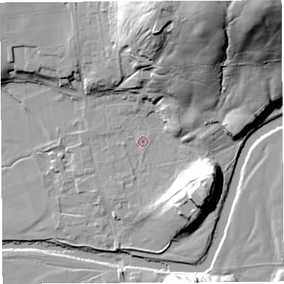 Shaded relief map of the ground around LA28SB, computed from Environment Agency LiDAR. The ground here sits at about 26 m above sea level and falls 57 m across the surrounding 800 m. Surface water reaching this point runs off ground lying to the north-east, 52.3 m higher.