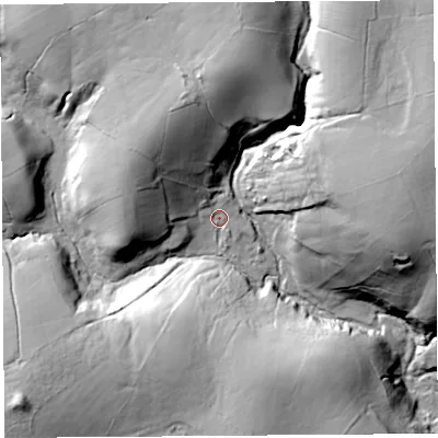 Shaded relief map of the ground around LA29AR, computed from Environment Agency LiDAR. The ground here sits at about 105 m above sea level and falls 54 m across the surrounding 800 m. Surface water reaching this point runs off ground lying to the north, 40.2 m higher.