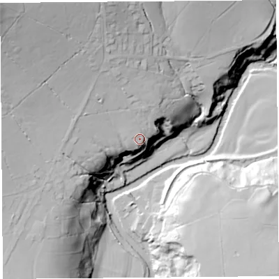 Shaded relief map of the ground around LA29AU, computed from Environment Agency LiDAR. The ground here sits at about 89 m above sea level and falls 65 m across the surrounding 800 m. Surface water reaching this point runs off ground lying to the north-north-west, 19.8 m higher.