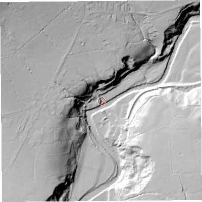 Shaded relief map of the ground around LA29AX, computed from Environment Agency LiDAR. The ground here sits at about 65 m above sea level and falls 57 m across the surrounding 800 m. Surface water reaching this point runs off ground lying to the north-north-west, 43.3 m higher.