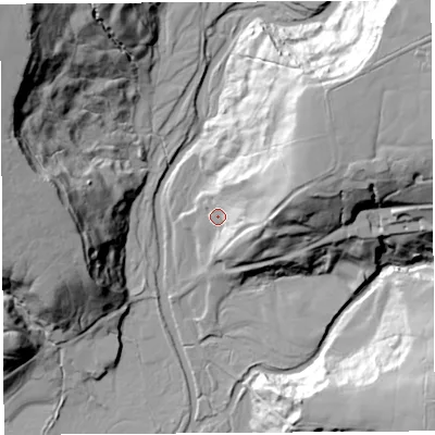 Shaded relief map of the ground around LA29BH, computed from Environment Agency LiDAR. The ground here sits at about 118 m above sea level and falls 54 m across the surrounding 800 m. Surface water reaching this point runs off ground lying to the north-east, 34.1 m higher.