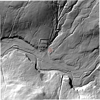 Shaded relief map of the ground around LA29BN, computed from Environment Agency LiDAR. The ground here sits at about 160 m above sea level and falls 47 m across the surrounding 800 m. Surface water reaching this point runs off ground lying to the north-east, 35.6 m higher.