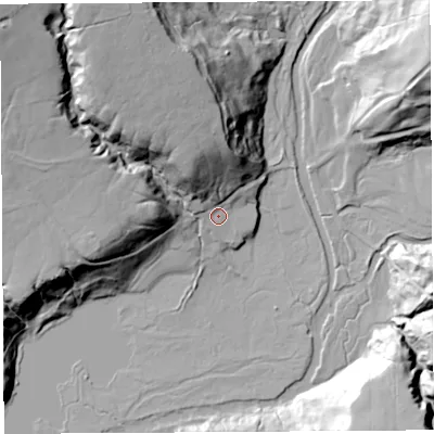 Shaded relief map of the ground around LA29BQ, computed from Environment Agency LiDAR. The ground here sits at about 114 m above sea level and falls 46 m across the surrounding 800 m. Surface water reaching this point runs off ground lying to the north, 32.9 m higher.