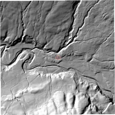 Shaded relief map of the ground around LA29BS, computed from Environment Agency LiDAR. The ground here sits at about 170 m above sea level and falls 86 m across the surrounding 800 m. Surface water reaching this point runs off ground lying to the north-east, 4.5 m higher.
