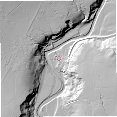 Shaded relief map of the ground around LA29BX, computed from Environment Agency LiDAR. The ground here sits at about 66 m above sea level and falls 49 m across the surrounding 800 m. Surface water reaching this point runs off ground lying to the east, 25.2 m higher.