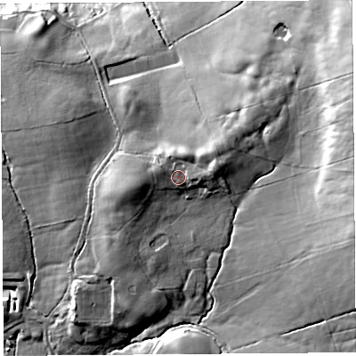 Shaded relief map of the ground around LA29DH, computed from Environment Agency LiDAR. The ground here sits at about 100 m above sea level and falls 50 m across the surrounding 800 m. Surface water reaching this point runs off ground lying to the east-north-east, 4.9 m higher.