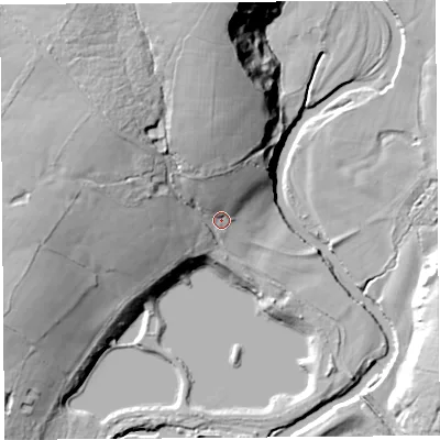 Shaded relief map of the ground around LA29DQ, computed from Environment Agency LiDAR. The ground here sits at about 60 m above sea level and falls 40 m across the surrounding 800 m. Surface water reaching this point runs off ground lying to the north, 27.5 m higher.