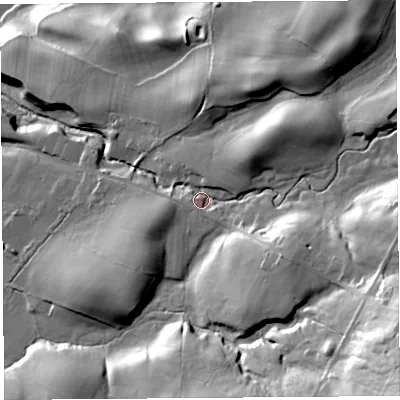 Shaded relief map of the ground around LA29EF, computed from Environment Agency LiDAR. The ground here sits at about 78 m above sea level and falls 67 m across the surrounding 800 m. Surface water reaching this point runs off ground lying to the east-south-east, 35.5 m higher.