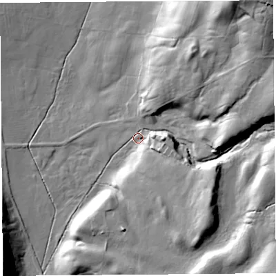 Shaded relief map of the ground around LA29EP, computed from Environment Agency LiDAR. The ground here sits at about 62 m above sea level and falls 49 m across the surrounding 800 m. Surface water reaching this point runs off ground lying to the south-east, 20.0 m higher.