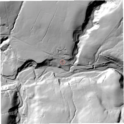 Shaded relief map of the ground around LA29EX, computed from Environment Agency LiDAR. The ground here sits at about 130 m above sea level and falls 84 m across the surrounding 800 m. Surface water reaching this point runs off ground lying to the north-north-east, 31.7 m higher.