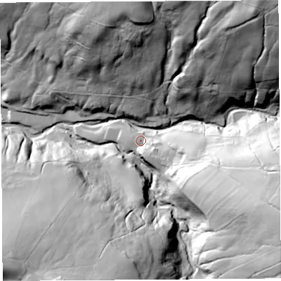 Shaded relief map of the ground around LA29EY, computed from Environment Agency LiDAR. The ground here sits at about 155 m above sea level and falls 98 m across the surrounding 800 m. Surface water reaching this point runs off ground lying to the south-east, 13.1 m higher.