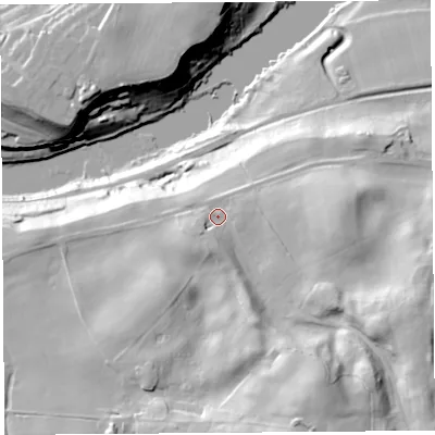 Shaded relief map of the ground around LA29HL, computed from Environment Agency LiDAR. The ground here sits at about 40 m above sea level and falls 63 m across the surrounding 800 m. Surface water reaching this point runs off ground lying to the south-south-east, 30.4 m higher.