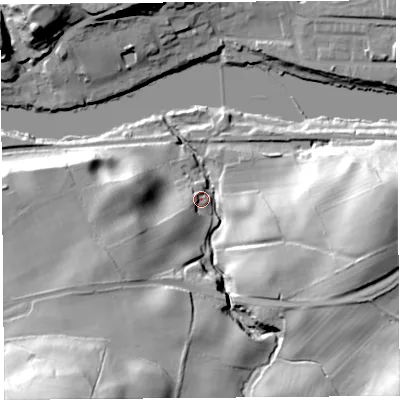 Shaded relief map of the ground around LA29HQ, computed from Environment Agency LiDAR. The ground here sits at about 14 m above sea level and falls 49 m across the surrounding 800 m. Surface water reaching this point runs off ground lying to the south-west, 7.9 m higher.