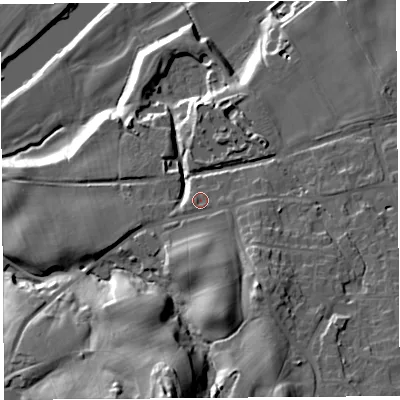 Shaded relief map of the ground around LA29HX, computed from Environment Agency LiDAR. The ground here sits at about 26 m above sea level and falls 35 m across the surrounding 800 m. Surface water reaching this point runs off ground lying to the south-east, 8.9 m higher.