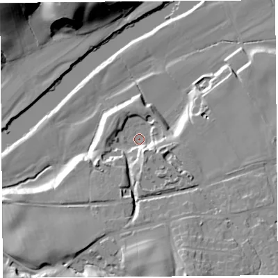 Shaded relief map of the ground around LA29HY, computed from Environment Agency LiDAR. The ground here sits at about 16 m above sea level and falls 30 m across the surrounding 800 m. Surface water reaching this point runs off ground lying to the south-south-east, 18.4 m higher.