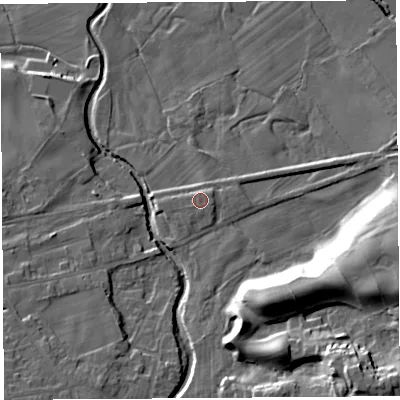 Shaded relief map of the ground around LA29HZ, computed from Environment Agency LiDAR. The ground here sits at about 22 m above sea level and falls 27 m across the surrounding 800 m. Surface water reaching this point runs off ground lying to the south-east, 1.5 m higher.