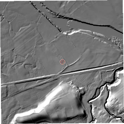 Shaded relief map of the ground around LA29JB, computed from Environment Agency LiDAR. The ground here sits at about 20 m above sea level and falls 32 m across the surrounding 800 m. Surface water reaching this point runs off ground lying to the south-east, 2.0 m higher.