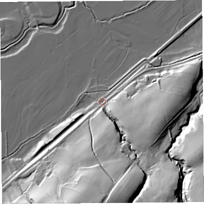Shaded relief map of the ground around LA29JD, computed from Environment Agency LiDAR. The ground here sits at about 19 m above sea level and falls 50 m across the surrounding 800 m. Surface water reaching this point runs off ground lying to the south-south-east, 41.3 m higher.