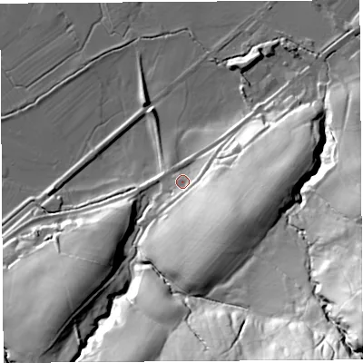 Shaded relief map of the ground around LA29JF, computed from Environment Agency LiDAR. The ground here sits at about 24 m above sea level and falls 67 m across the surrounding 800 m. Surface water reaching this point runs off ground lying to the south-east, 26.8 m higher.