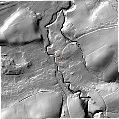 Shaded relief map of the ground around LA29JP, computed from Environment Agency LiDAR. The ground here sits at about 38 m above sea level and falls 57 m across the surrounding 800 m. Surface water reaching this point runs off ground lying to the south-east, 9.4 m higher.