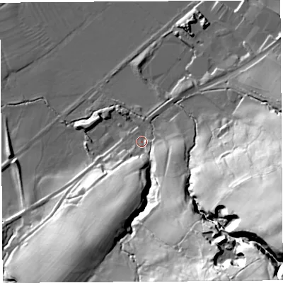 Shaded relief map of the ground around LA29JX, computed from Environment Agency LiDAR. The ground here sits at about 22 m above sea level and falls 76 m across the surrounding 800 m. Surface water reaching this point runs off ground lying to the south, 19.0 m higher.