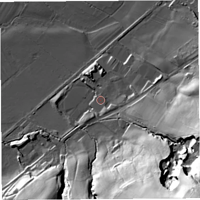 Shaded relief map of the ground around LA29JY, computed from Environment Agency LiDAR. The ground here sits at about 21 m above sea level and falls 76 m across the surrounding 800 m. Surface water reaching this point runs off ground lying to the east-south-east, 2.8 m higher.