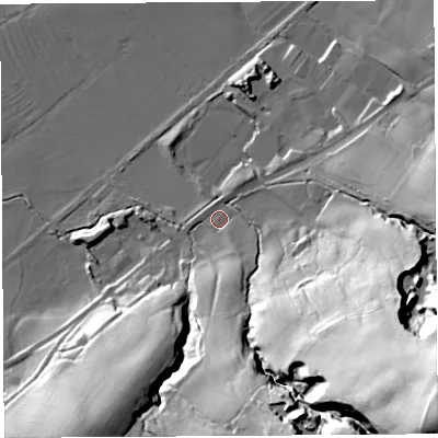 Shaded relief map of the ground around LA29JZ, computed from Environment Agency LiDAR. The ground here sits at about 22 m above sea level and falls 80 m across the surrounding 800 m. Surface water reaching this point runs off ground lying to the south-east, 76.7 m higher.