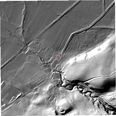 Shaded relief map of the ground around LA29LD, computed from Environment Agency LiDAR. The ground here sits at about 25 m above sea level and falls 63 m across the surrounding 800 m. Surface water reaching this point runs off ground lying to the south-east, 26.7 m higher.