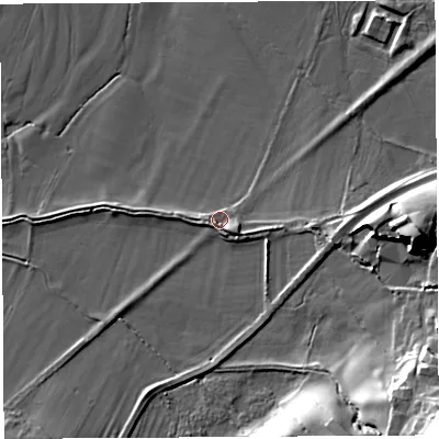 Shaded relief map of the ground around LA29LE, computed from Environment Agency LiDAR. The ground here sits at about 20 m above sea level and falls 28 m across the surrounding 800 m. Surface water reaching this point runs off ground lying to the south-east, 3.5 m higher.