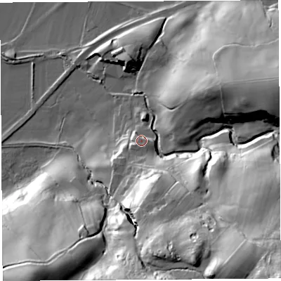 Shaded relief map of the ground around LA29LF, computed from Environment Agency LiDAR. The ground here sits at about 33 m above sea level and falls 67 m across the surrounding 800 m. Surface water reaching this point runs off ground lying to the south-south-east, 18.0 m higher.