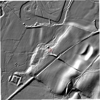 Shaded relief map of the ground around LA29LH, computed from Environment Agency LiDAR. The ground here sits at about 24 m above sea level and falls 20 m across the surrounding 800 m. Surface water reaching this point runs off ground lying to the south-south-east, 4.9 m higher.