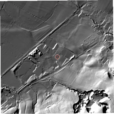 Shaded relief map of the ground around LA29LT, computed from Environment Agency LiDAR. The ground here sits at about 22 m above sea level and falls 75 m across the surrounding 800 m. Surface water reaching this point runs off ground lying to the south-east, 13.5 m higher.