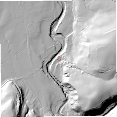 Shaded relief map of the ground around LA29NB, computed from Environment Agency LiDAR. The ground here sits at about 42 m above sea level and falls 72 m across the surrounding 800 m. Surface water reaching this point runs off ground lying to the east, 66.4 m higher.