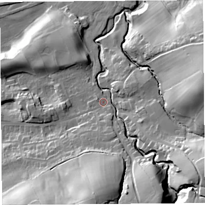 Shaded relief map of the ground around LA29PA, computed from Environment Agency LiDAR. The ground here sits at about 38 m above sea level and falls 55 m across the surrounding 800 m. Surface water reaching this point runs off ground lying to the south, 7.5 m higher.