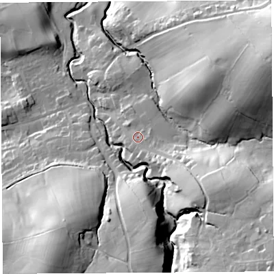 Shaded relief map of the ground around LA29PJ, computed from Environment Agency LiDAR. The ground here sits at about 47 m above sea level and falls 61 m across the surrounding 800 m. Surface water reaching this point runs off ground lying to the south-east, 26.6 m higher.