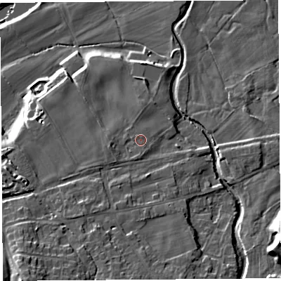 Shaded relief map of the ground around LA29QN, computed from Environment Agency LiDAR. The ground here sits at about 22 m above sea level and falls 23 m across the surrounding 800 m. Surface water reaching this point runs off ground lying to the south, 0.9 m higher.
