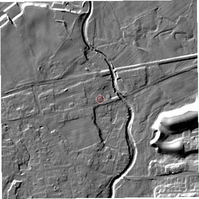 Shaded relief map of the ground around LA29QR, computed from Environment Agency LiDAR. The ground here sits at about 23 m above sea level and falls 23 m across the surrounding 800 m. Surface water reaching this point runs off ground lying to the south-south-west, 8.8 m higher.