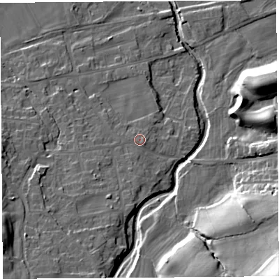 Shaded relief map of the ground around LA29RG, computed from Environment Agency LiDAR. The ground here sits at about 28 m above sea level and falls 39 m across the surrounding 800 m. Surface water reaching this point runs off ground lying to the east-north-east, 1.0 m higher.