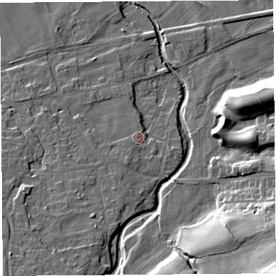Shaded relief map of the ground around LA29RH, computed from Environment Agency LiDAR. The ground here sits at about 26 m above sea level and falls 36 m across the surrounding 800 m. Surface water reaching this point runs off ground lying to the south-west, 1.9 m higher.