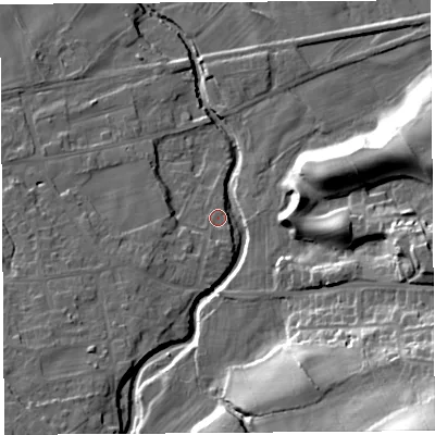 Shaded relief map of the ground around LA29RJ, computed from Environment Agency LiDAR. The ground here sits at about 24 m above sea level and falls 40 m across the surrounding 800 m. Surface water reaching this point runs off ground lying to the south-south-west, 3.1 m higher.