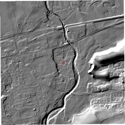 Shaded relief map of the ground around LA29RL, computed from Environment Agency LiDAR. The ground here sits at about 23 m above sea level and falls 28 m across the surrounding 800 m. Surface water reaching this point runs off ground lying to the south-south-west, 5.6 m higher.