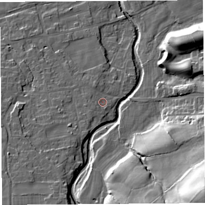 Shaded relief map of the ground around LA29RN, computed from Environment Agency LiDAR. The ground here sits at about 28 m above sea level and falls 48 m across the surrounding 800 m. Surface water reaching this point runs off ground lying to the south-west, 2.5 m higher.